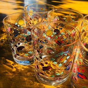 Set Of Six Funky Vintage Retro Floral Tumbler Glasses